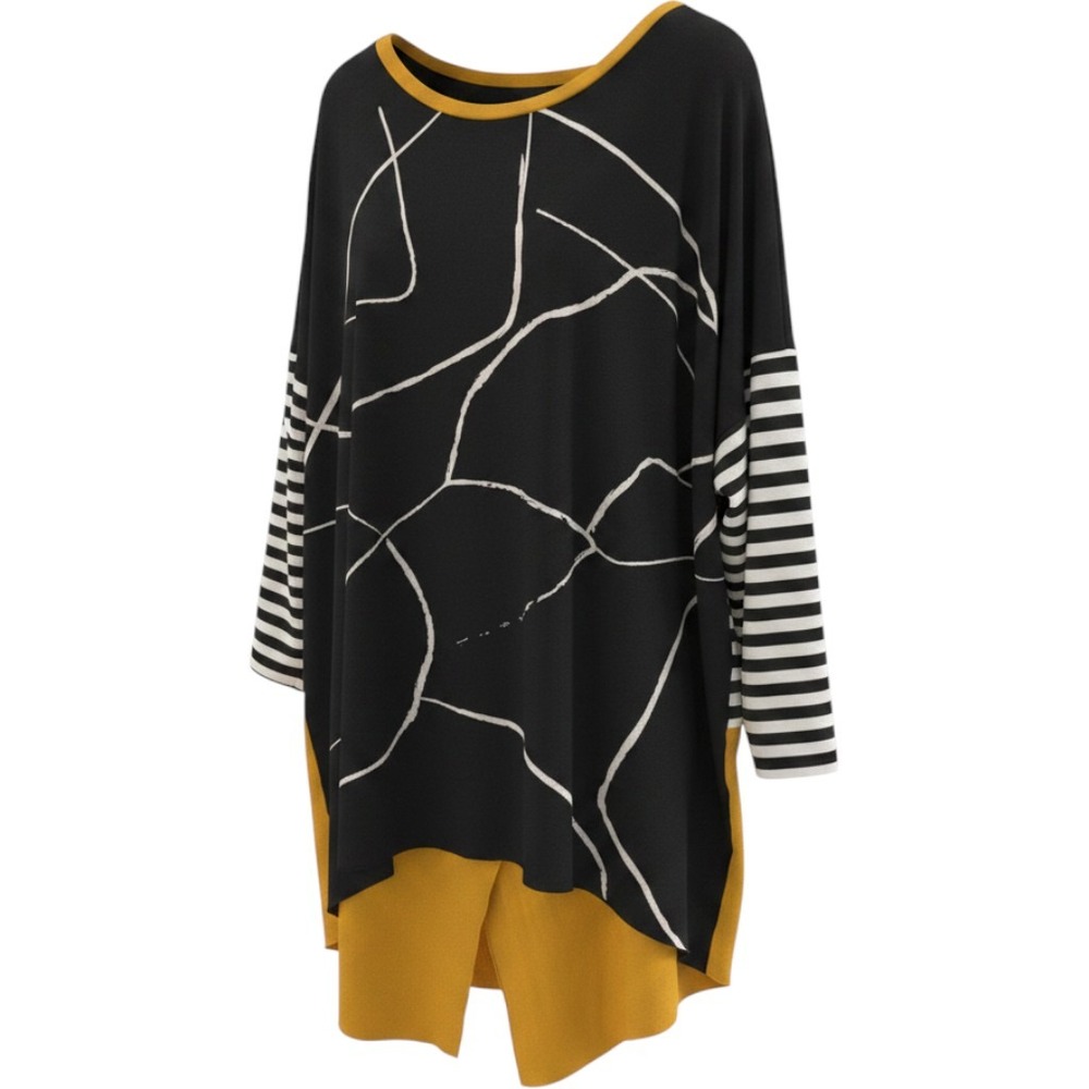 Zedd Plus Tunic Top Size 3 Black Yellow Abstract Stripe Layered Lagenlook